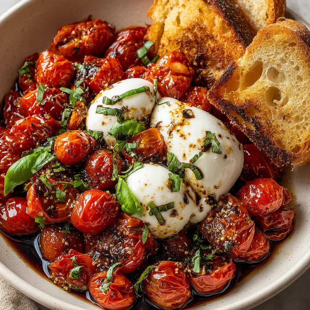 A bowl of roasted tomatoes and burrata cheese.