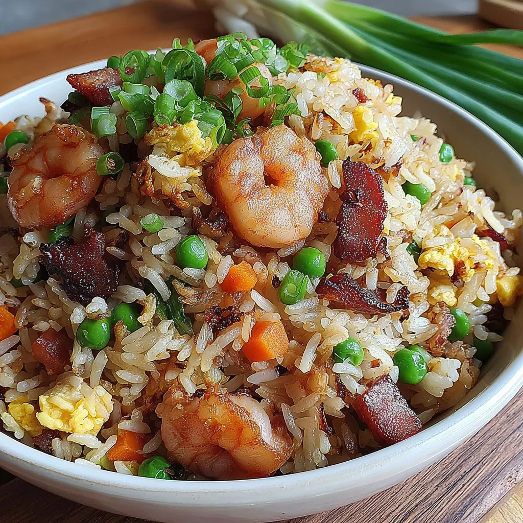 A bowl of rice with shrimp and peas.