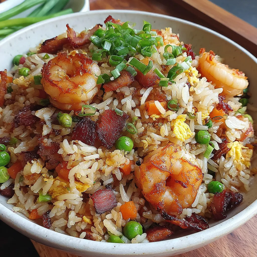 A bowl of rice with shrimp and peas.