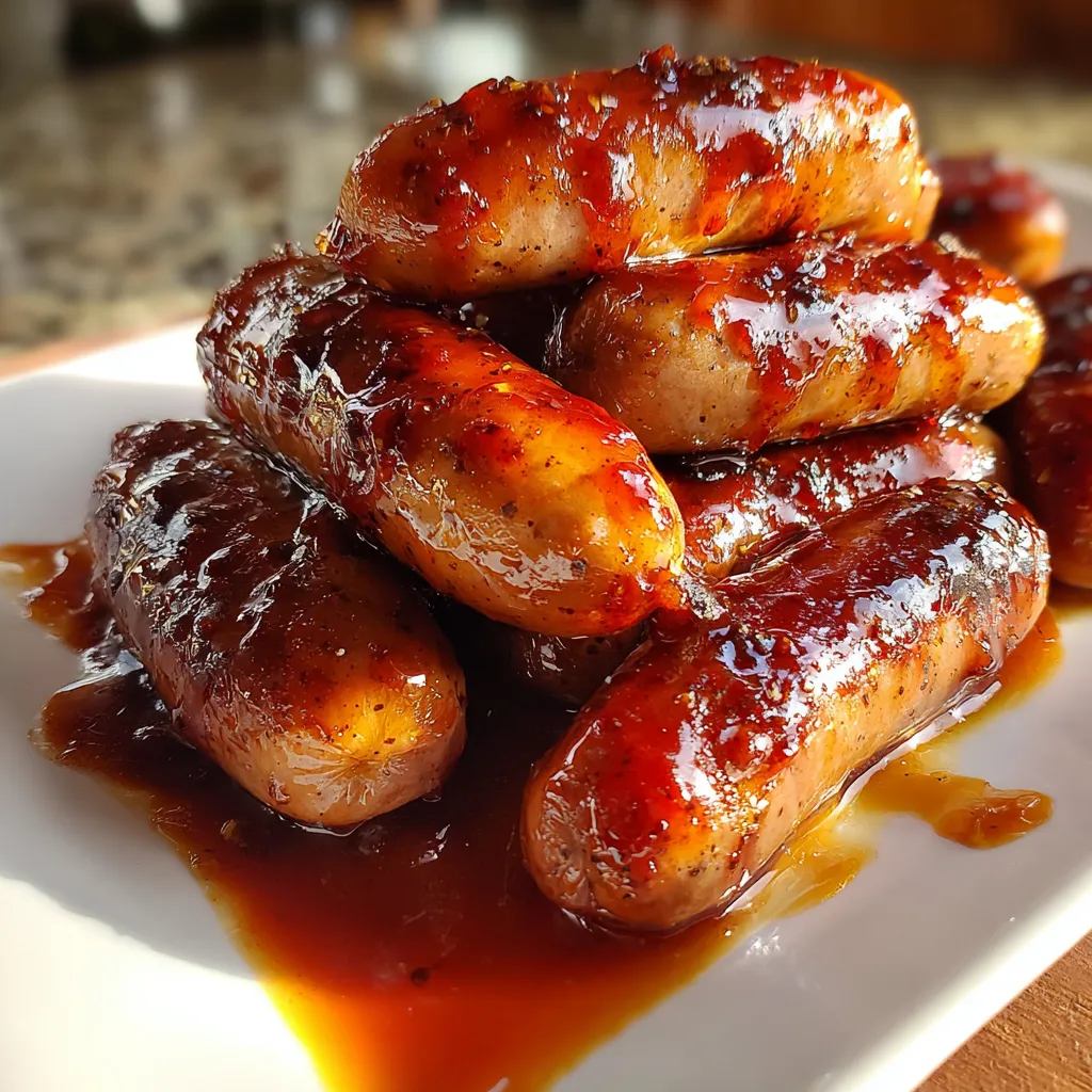 A plate of BBQ Little Smokies in a crock pot.