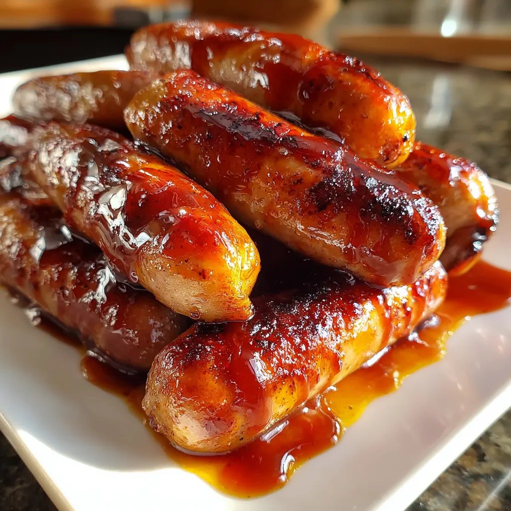 A plate of BBQ sausages in a crock pot.