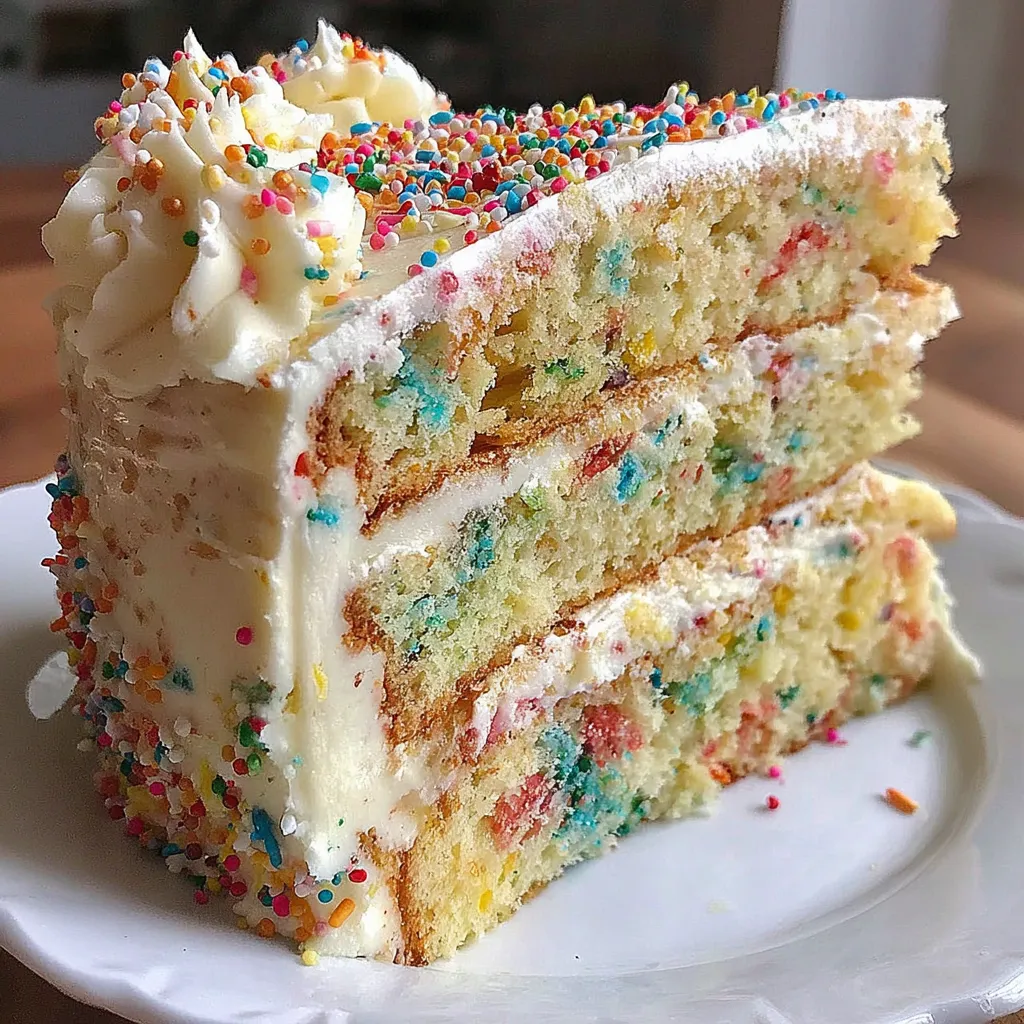 A slice of a funfetti birthday cake with buttercream.