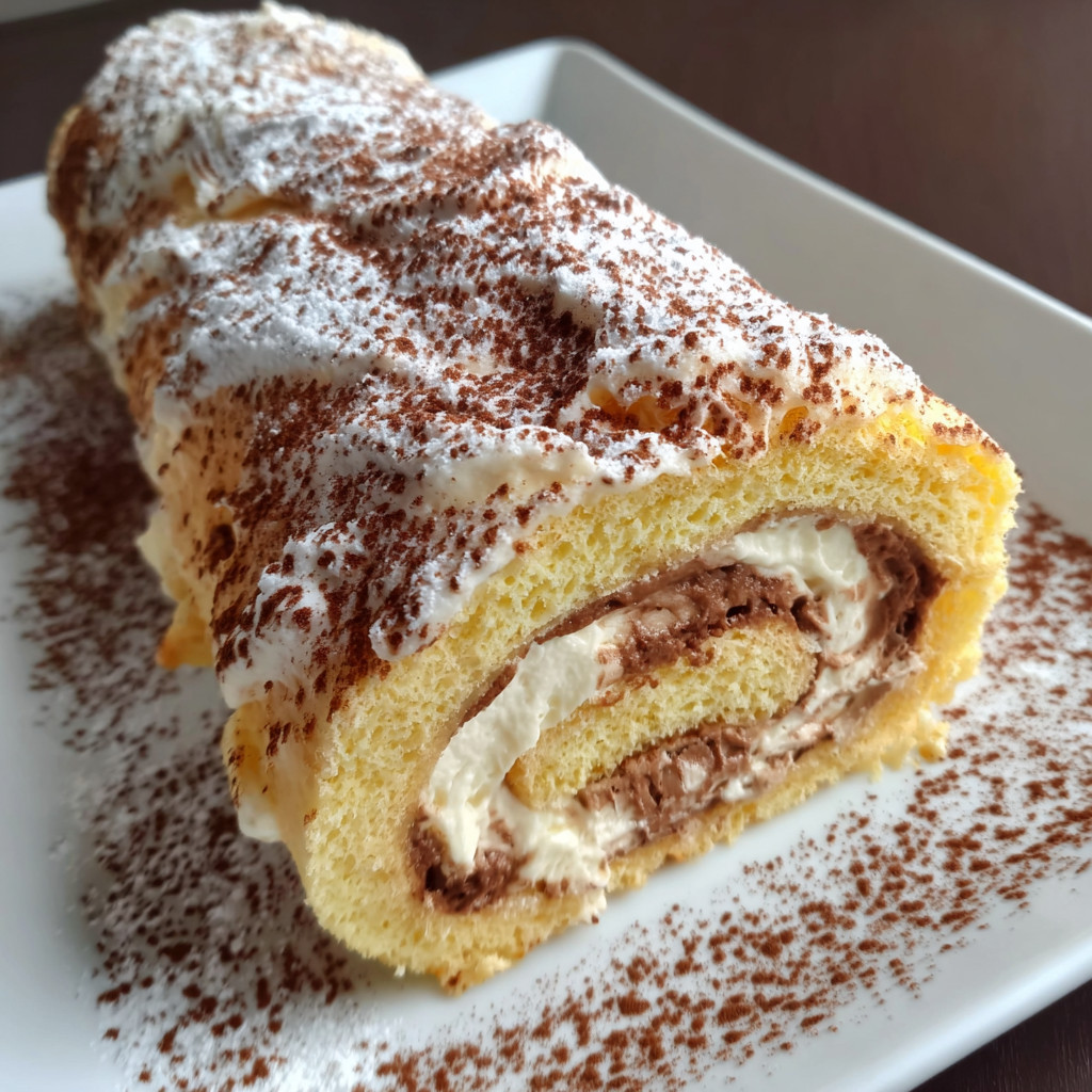 A roll of tiramisu crêpes on a plate.