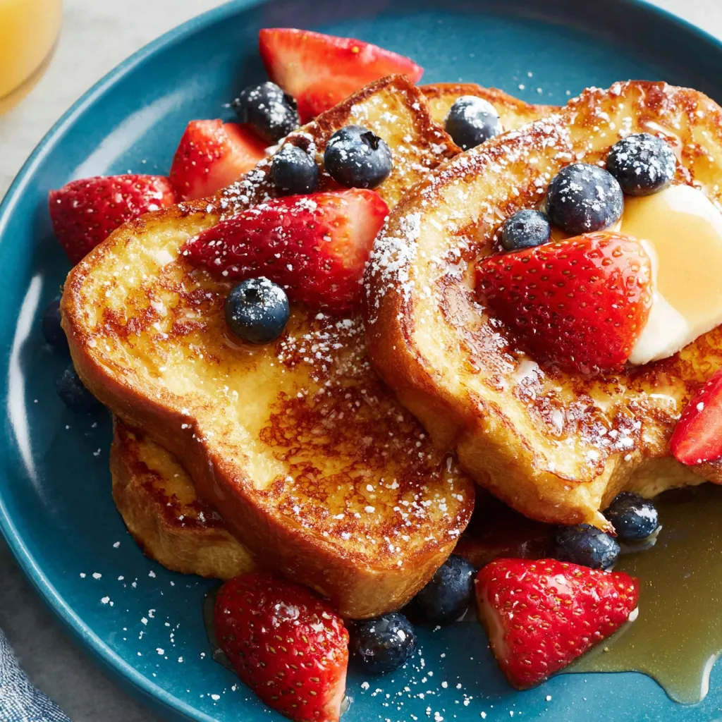French toast with strawberries and blueberries.