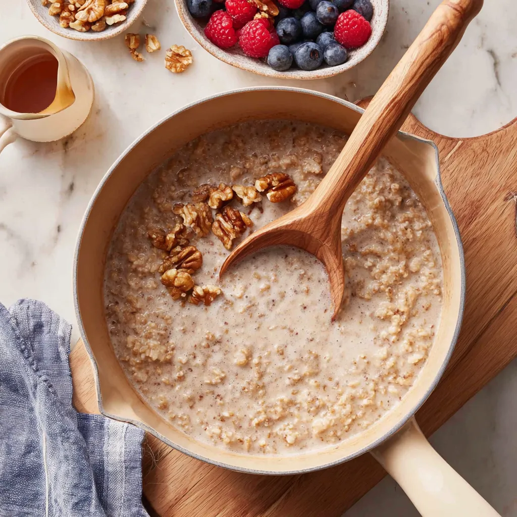 A bowl of steel cut oats with a wooden spoon in it.
