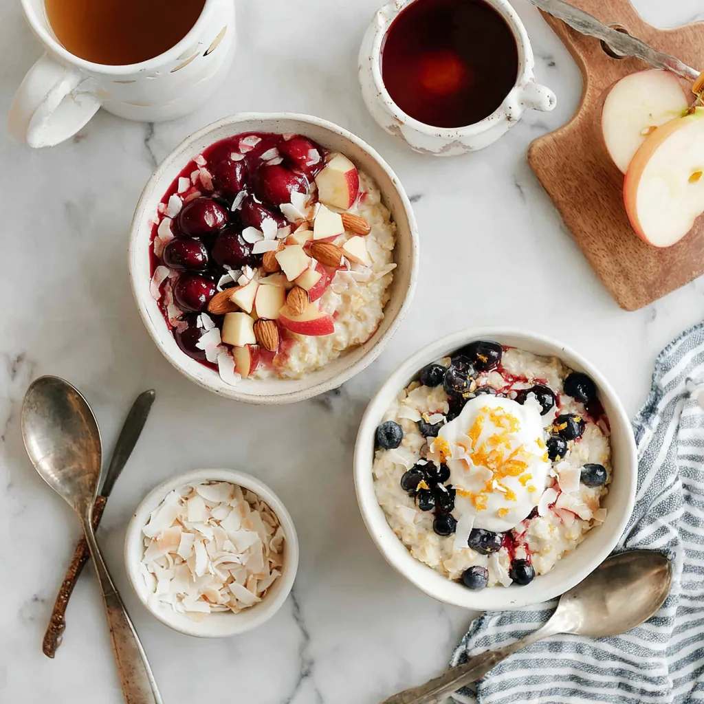 A bowl of oatmeal with blueberries and yogurt.