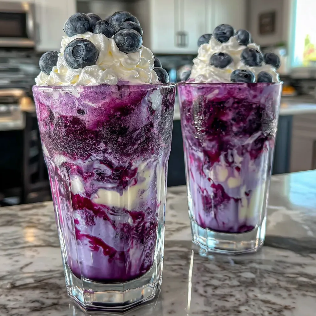 Two glasses of blueberry muffin dirty soda.