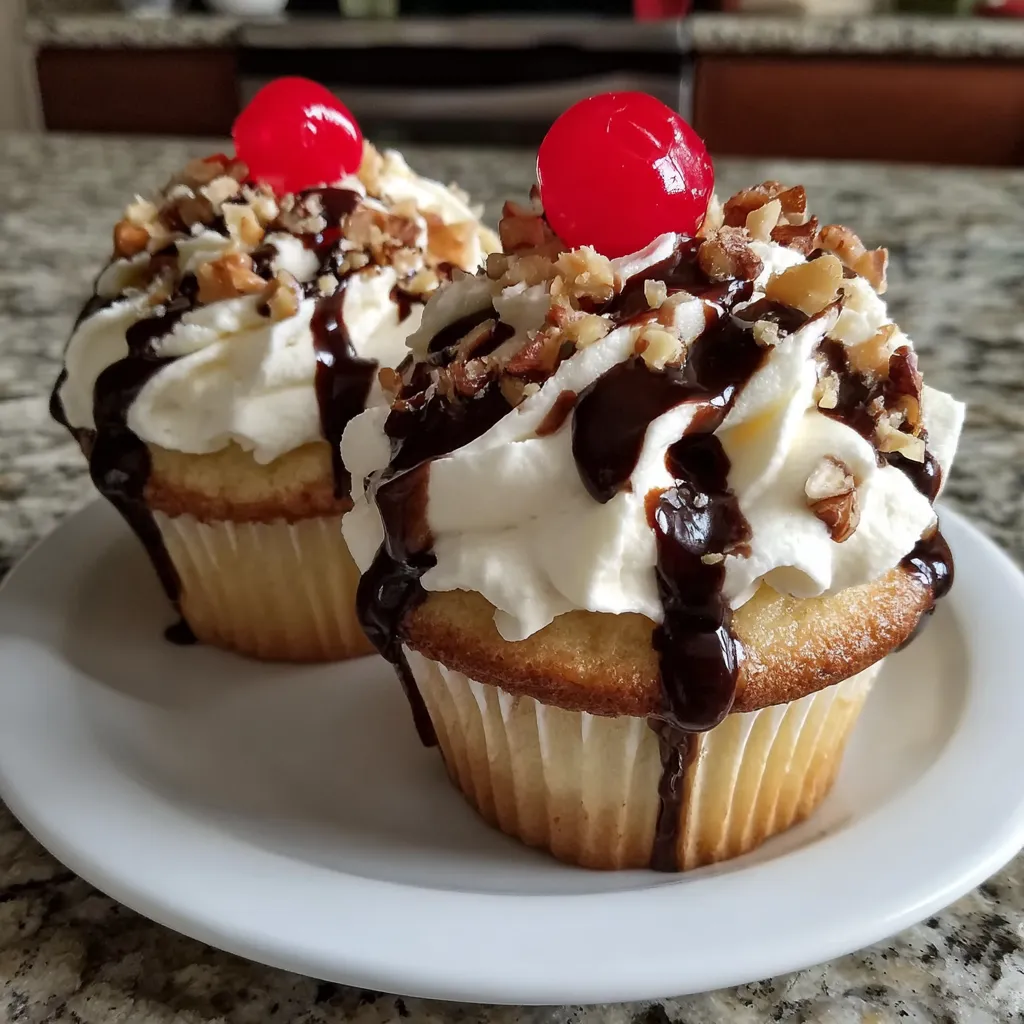 Two cupcakes with chocolate and bananas.