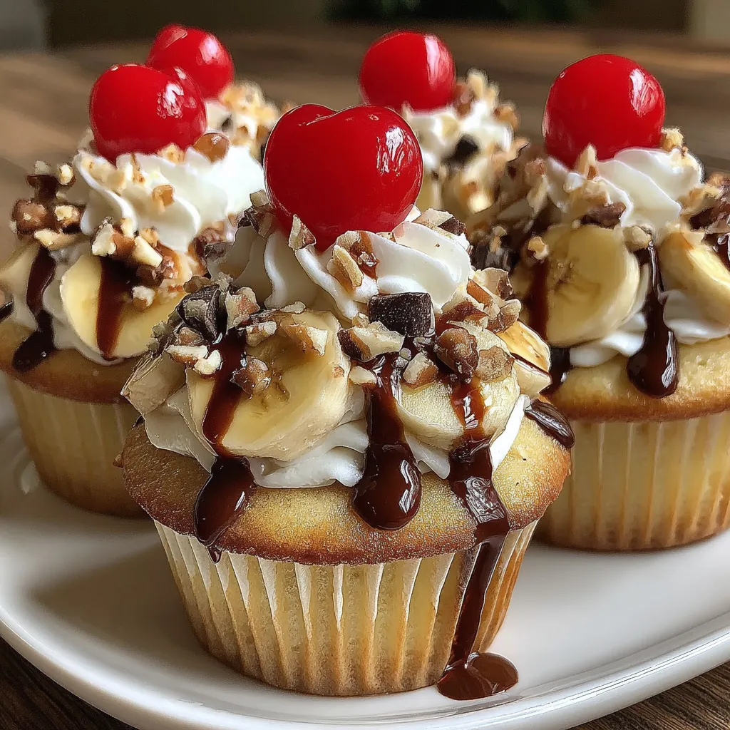 Banana split cupcakes with chocolate and caramel toppings.