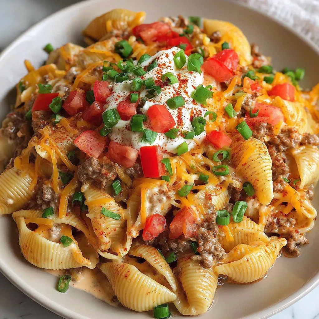 A plate of loaded taco stuffed shells with creamy queso sauce.