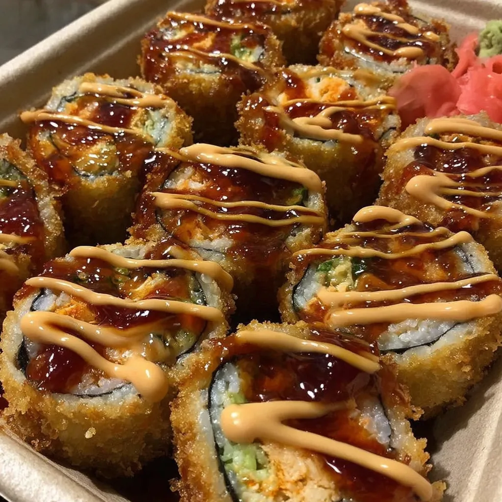 Fried sushi rolls with sauce.