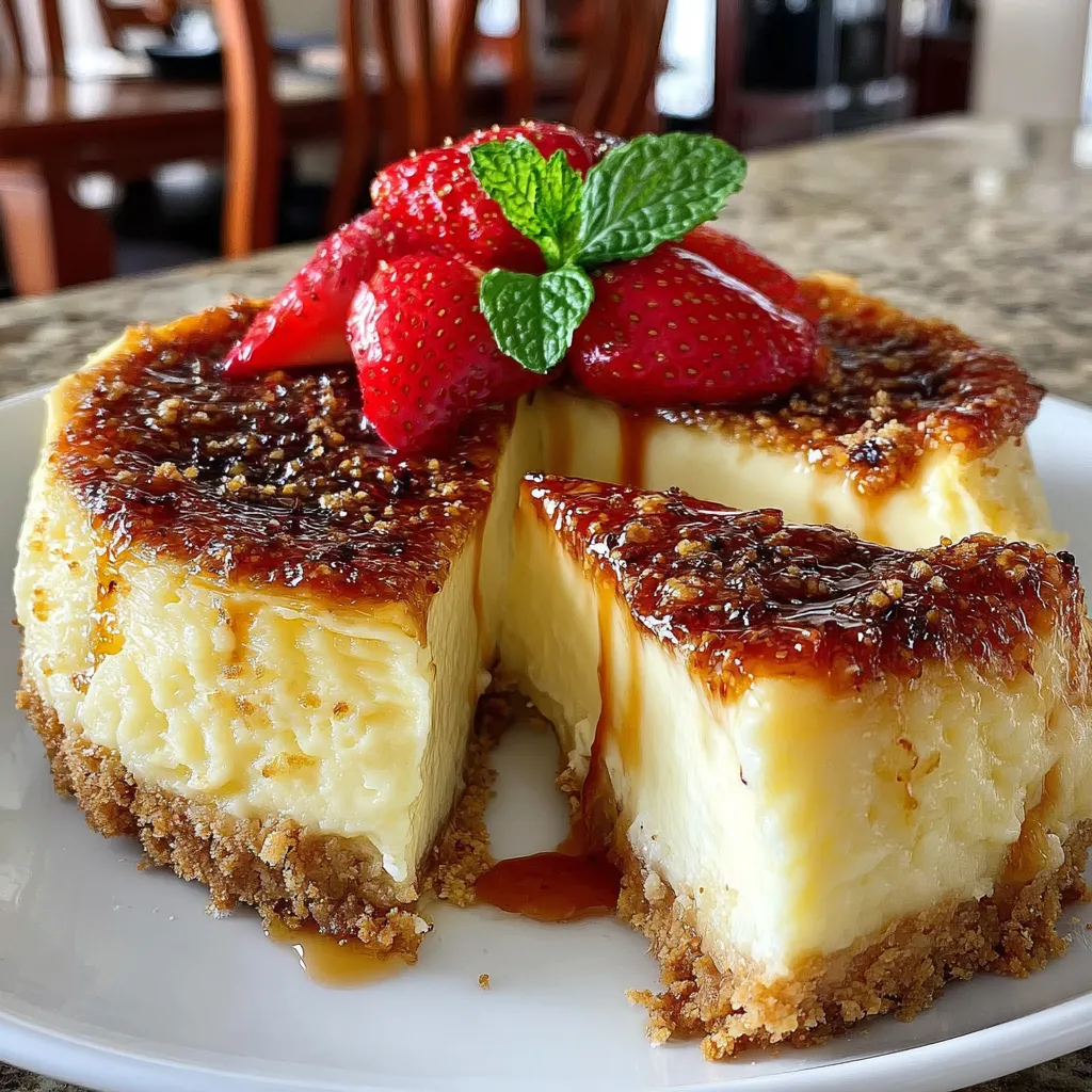 A slice of bruleed vanilla-bean cheesecake with strawberries on top.