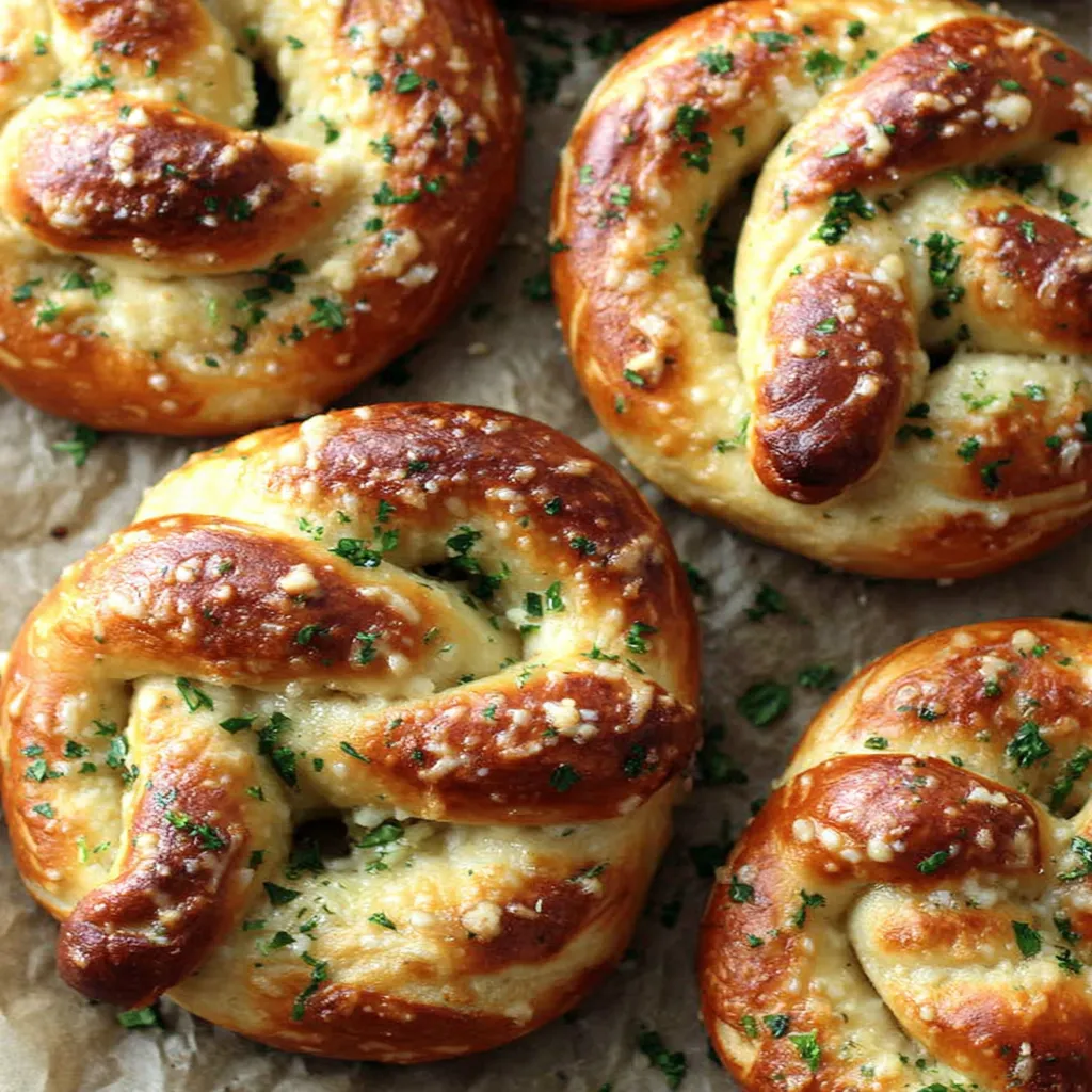 Garlic butter pretzels on a table.