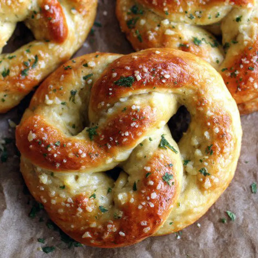 Garlic butter pretzels on a table.