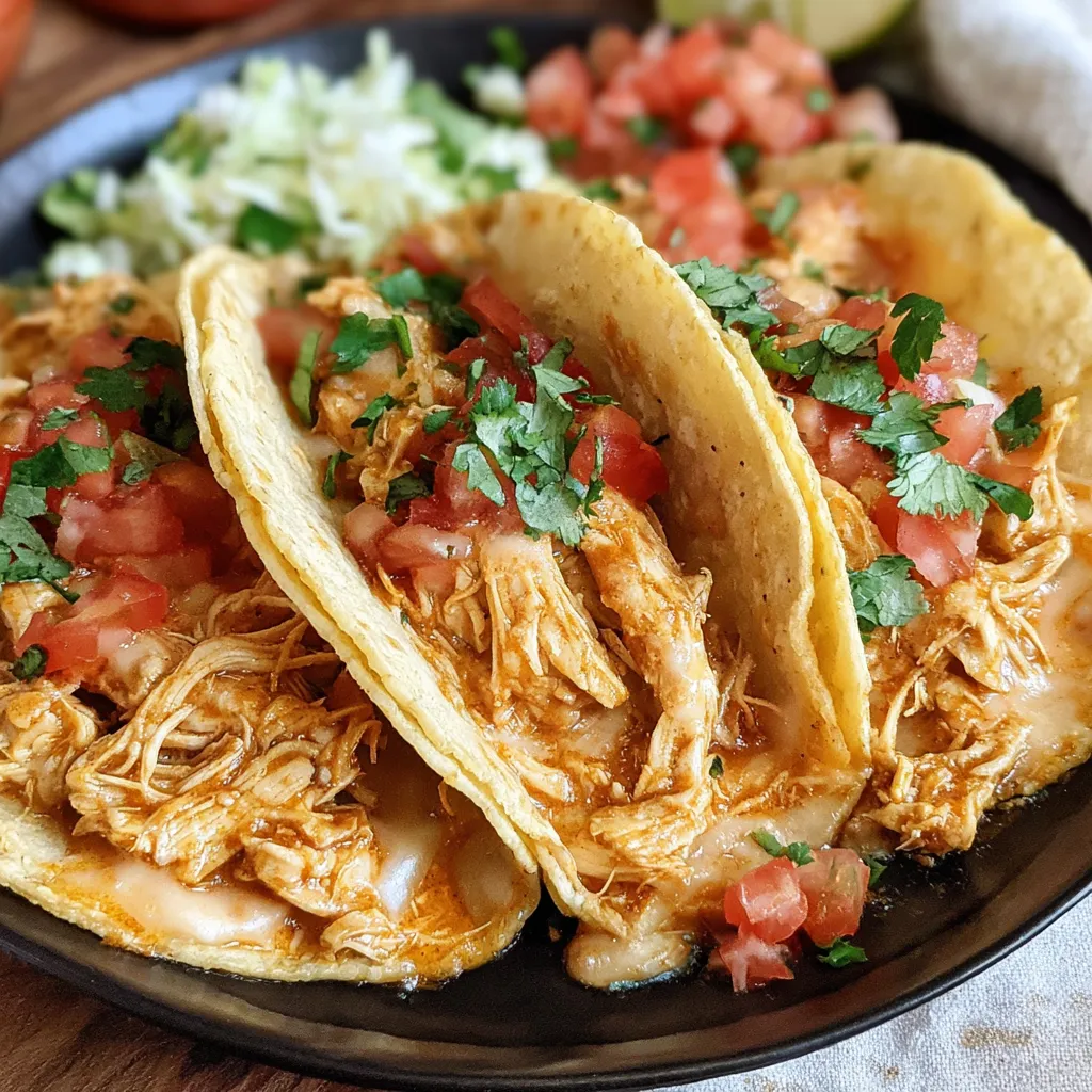 A plate of slow cooker queso chicken tacos.