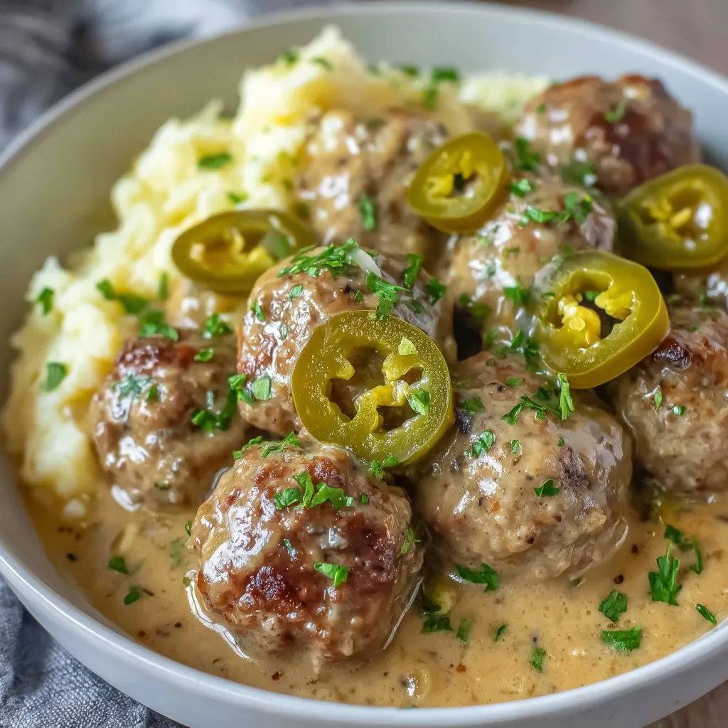 A bowl of meatballs with peppers and potatoes.