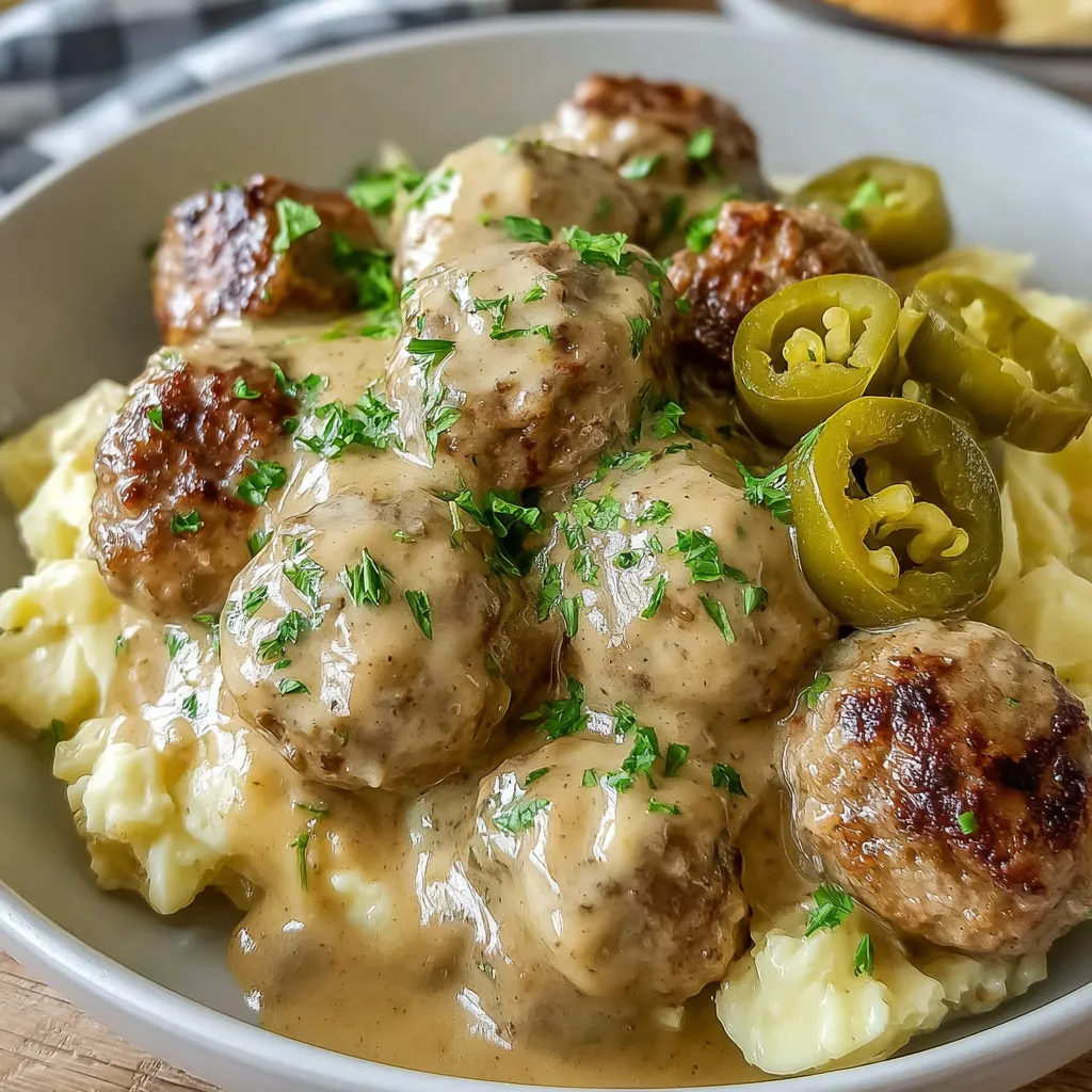 A white bowl filled with meatballs and potatoes.