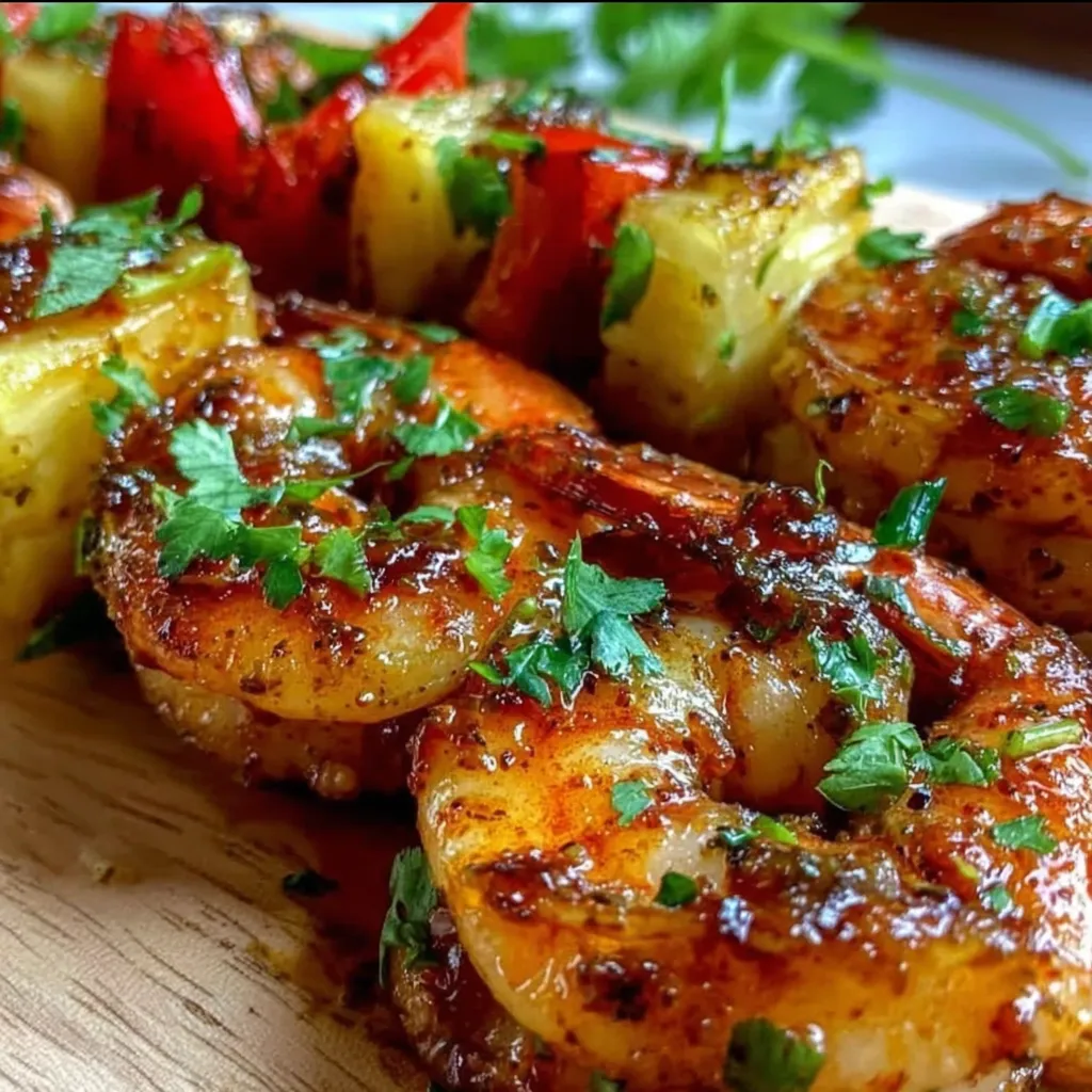 Grilled shrimp pineapple skewers on a wooden platter.