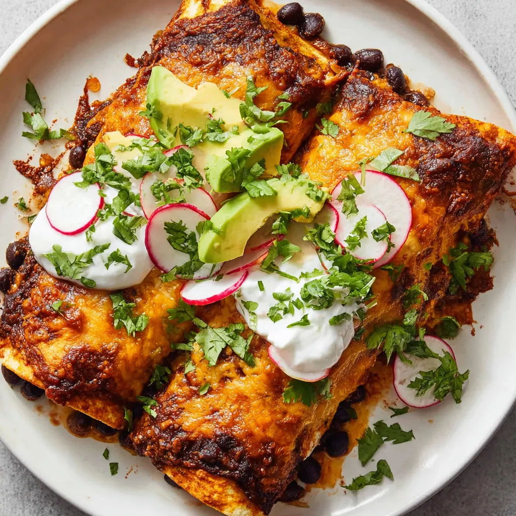 A plate of food with black beans and sour cream.