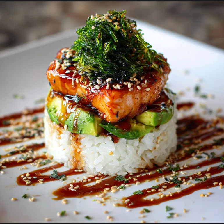 A plate of food with rice, salmon, and avocado.