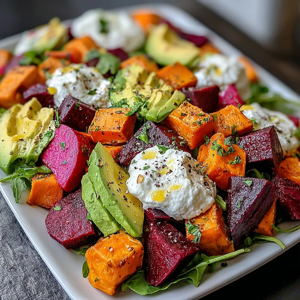 A plate of roasted beet, sweet potato and avocado salad.