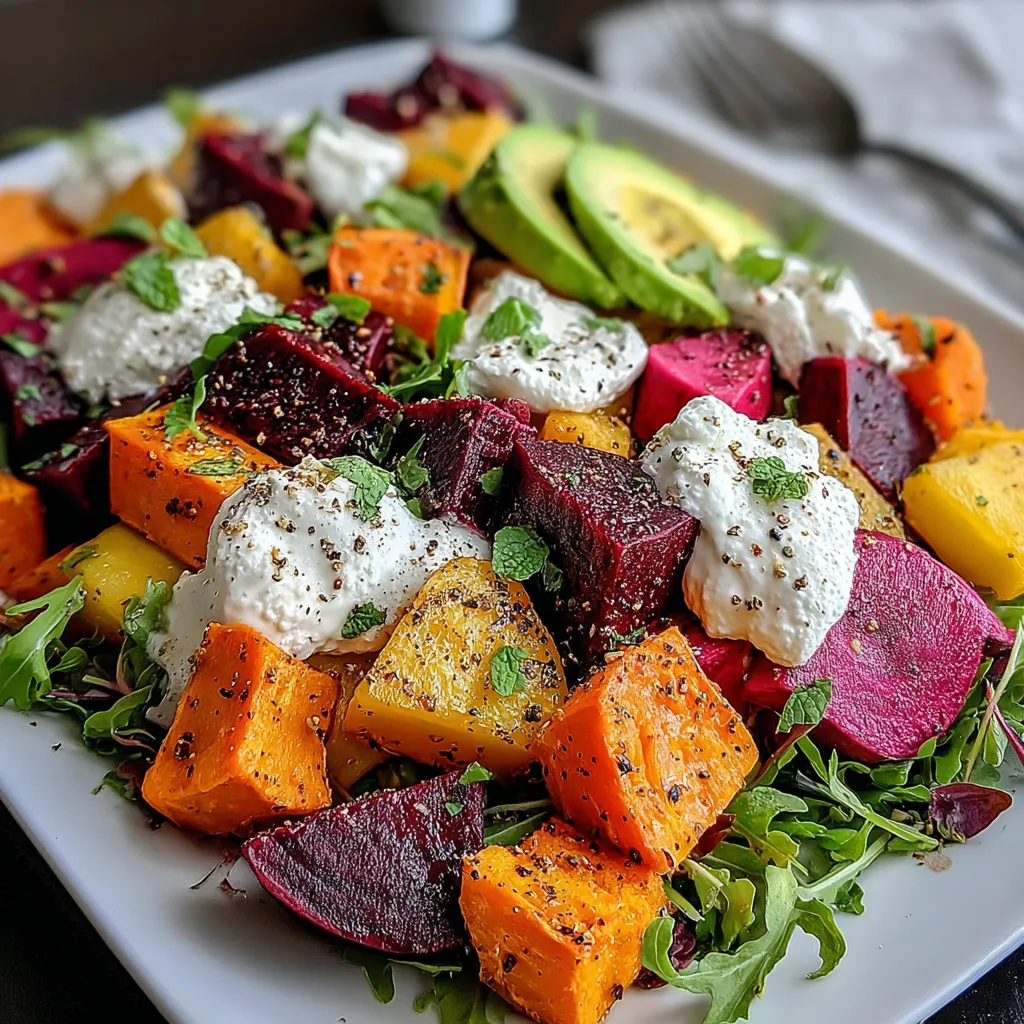 A plate of roasted beet, sweet potato and avocado salad.