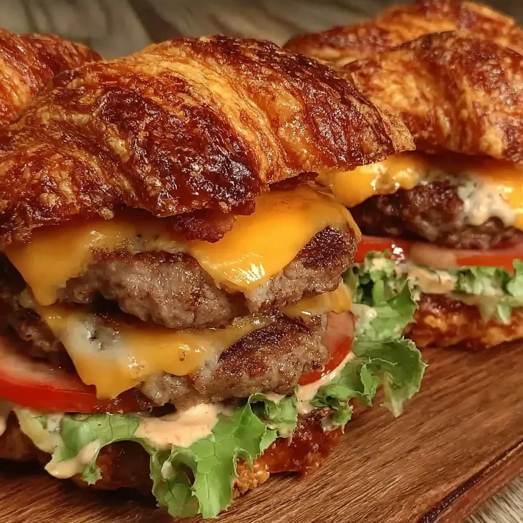 A burger with a croissant bun and cheese.
