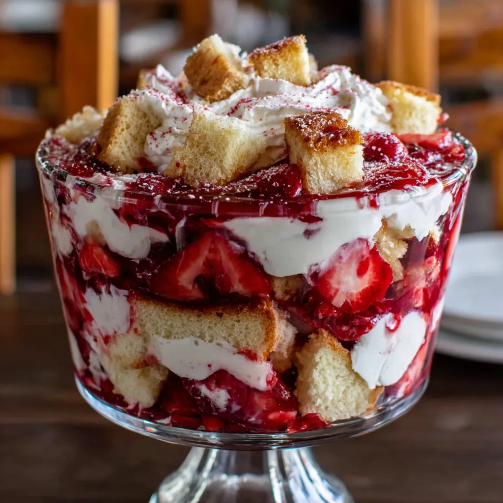 A glass bowl filled with strawberry shortcake.