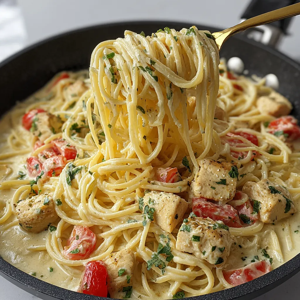 A bowl of spaghetti with chicken and tomatoes.