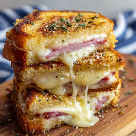 A stack of cheesy ham toaster sandwiches.