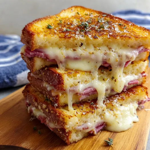 A stack of cheesy ham toaster sandwiches.
