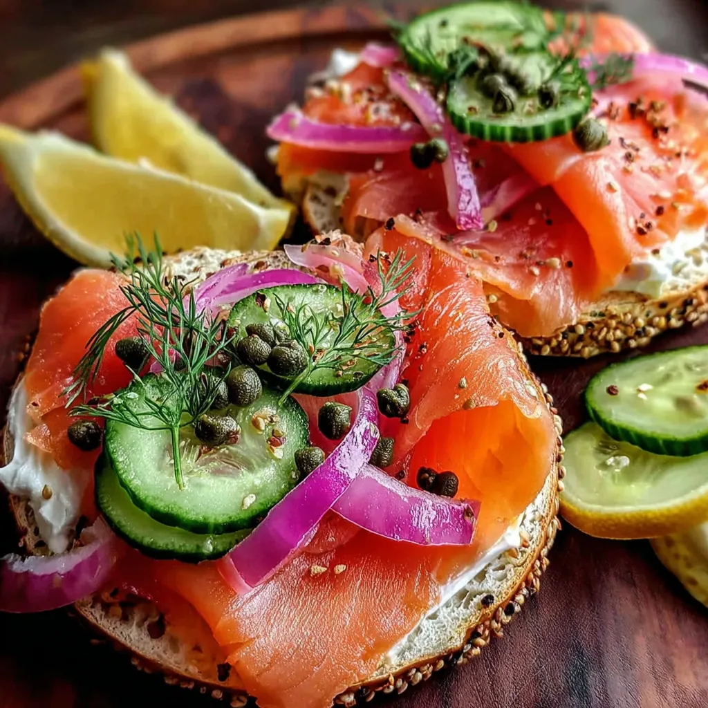 A smoked salmon bagel sandwich with lemon wedges and capers.