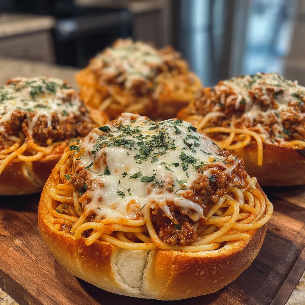 Three garlic butter spaghetti bowls on a wooden cutting board.