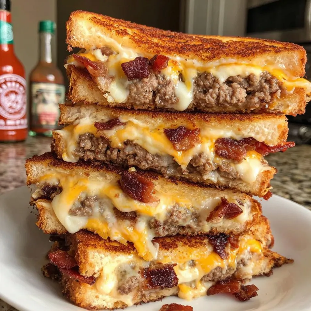 Three stacked grilled cheeseburgers with bacon.