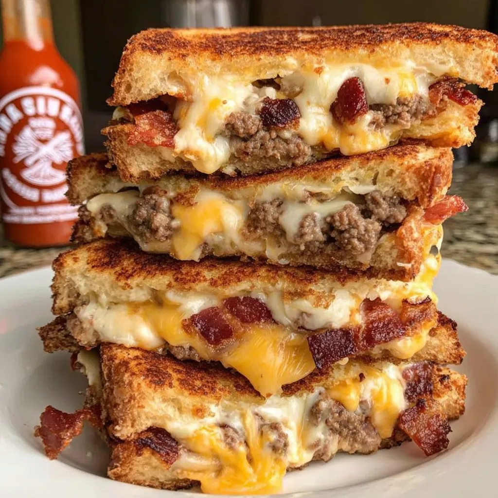 A stack of grilled bacon cheeseburgers.