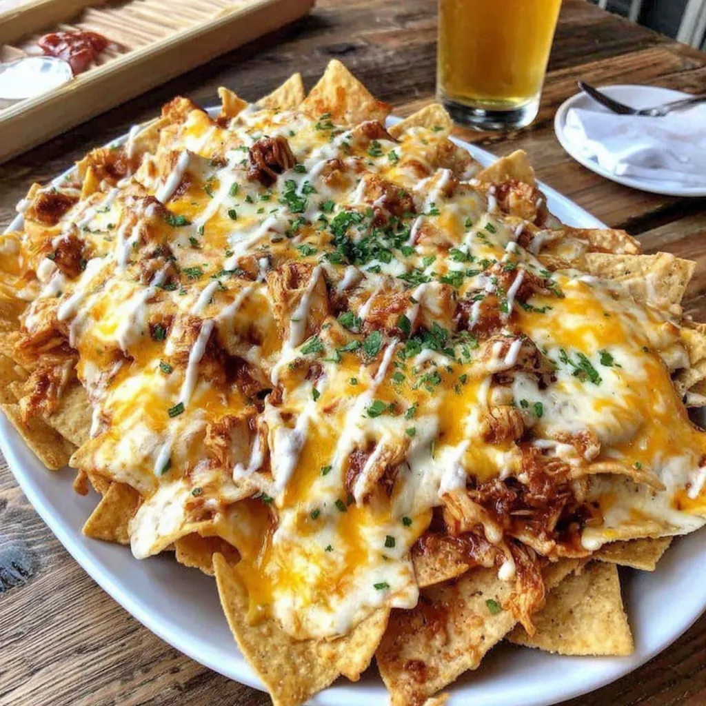 A plate of nachos with cheese and bacon.