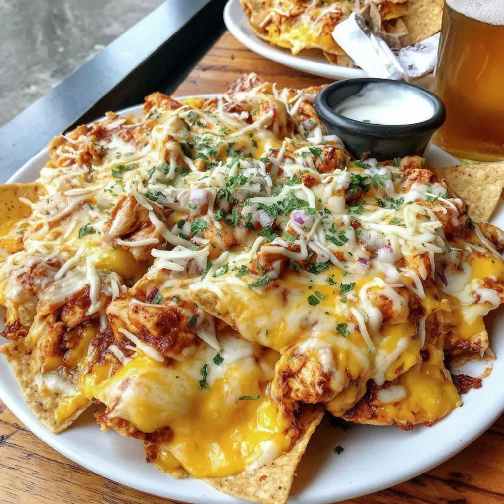 A plate of nachos with cheese and chives.
