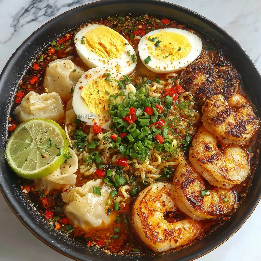 A bowl of food with shrimp, eggs, and noodles.