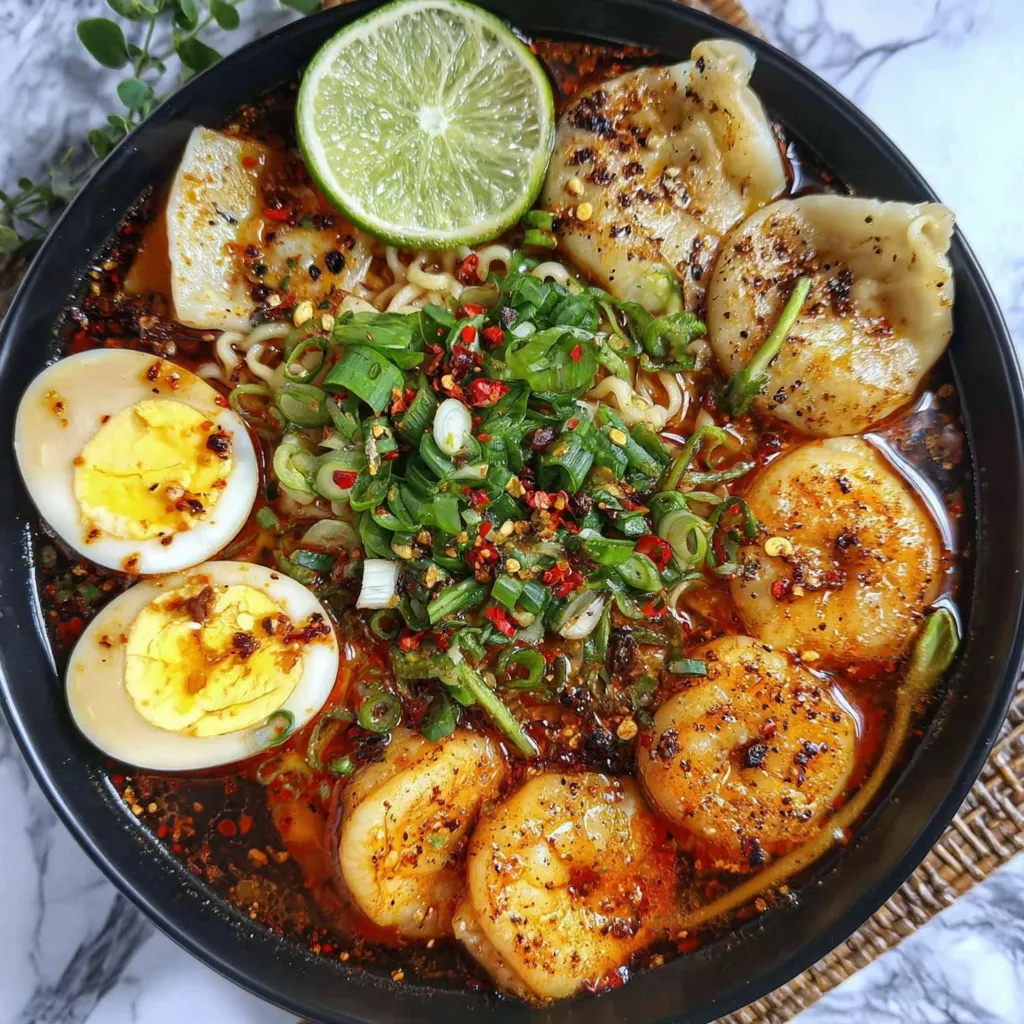 A bowl of food with eggs, noodles, and vegetables.