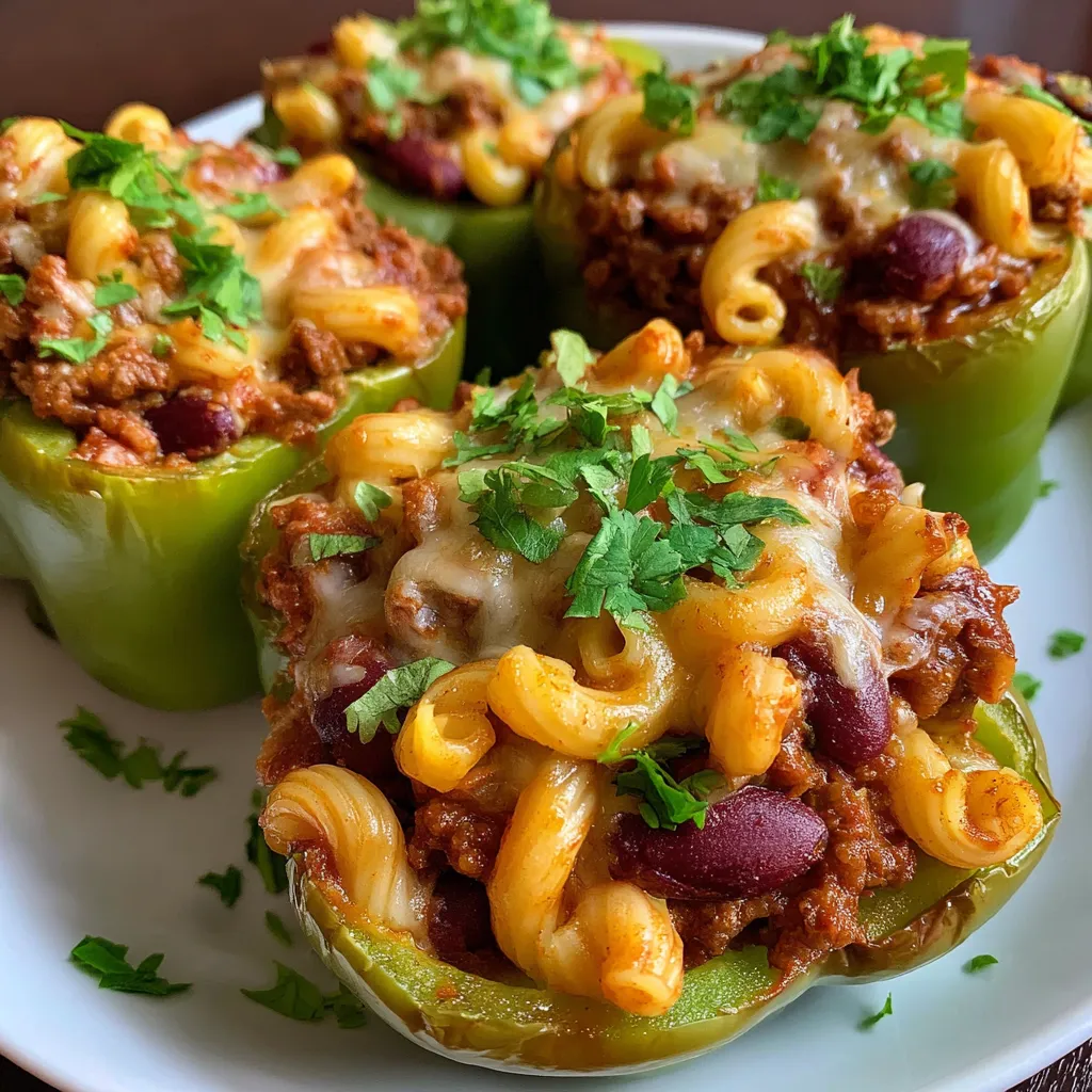 A plate of baked chili mac stuffed peppers.