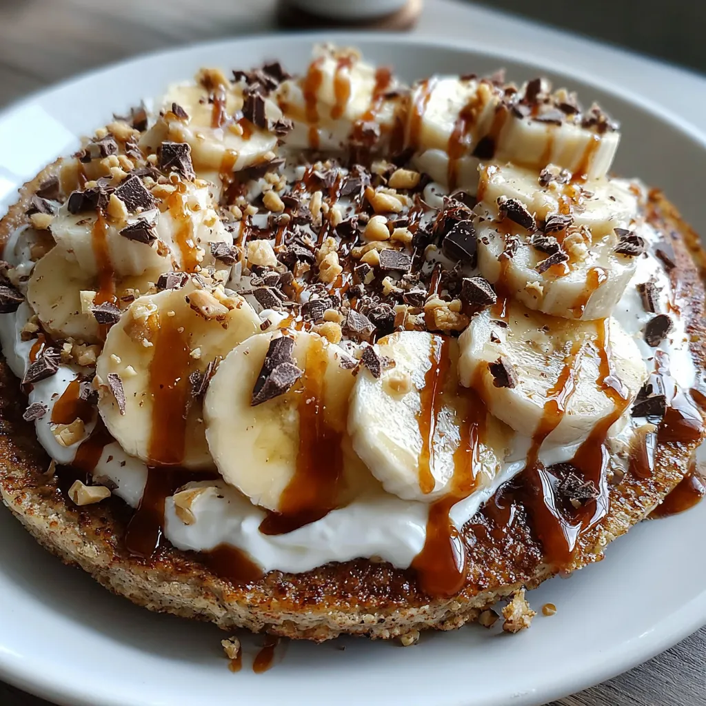 A high-protein breakfast pizza bowl with bananas and chocolate.