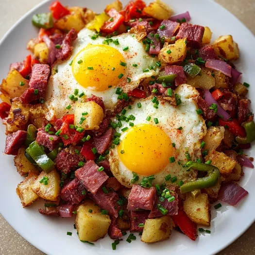 A plate of corned beef hash skillet.