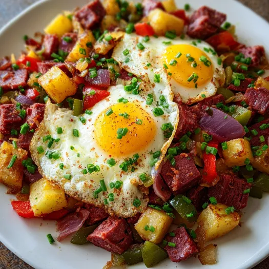 A plate of corned beef hash skillet with eggs.