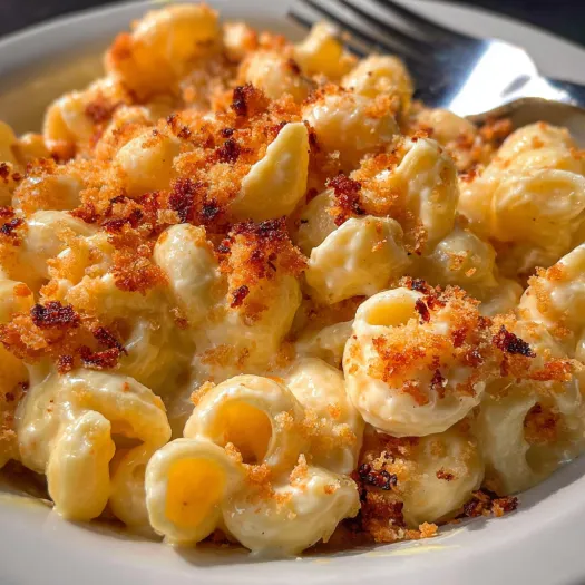 A plate of creamy baked macaroni and cheese.