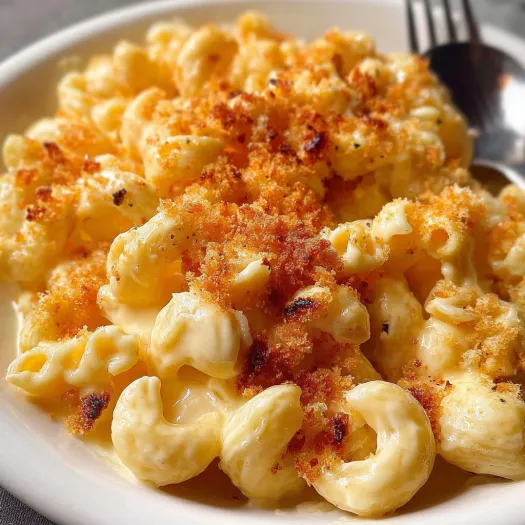 A bowl of creamy baked macaroni and cheese.