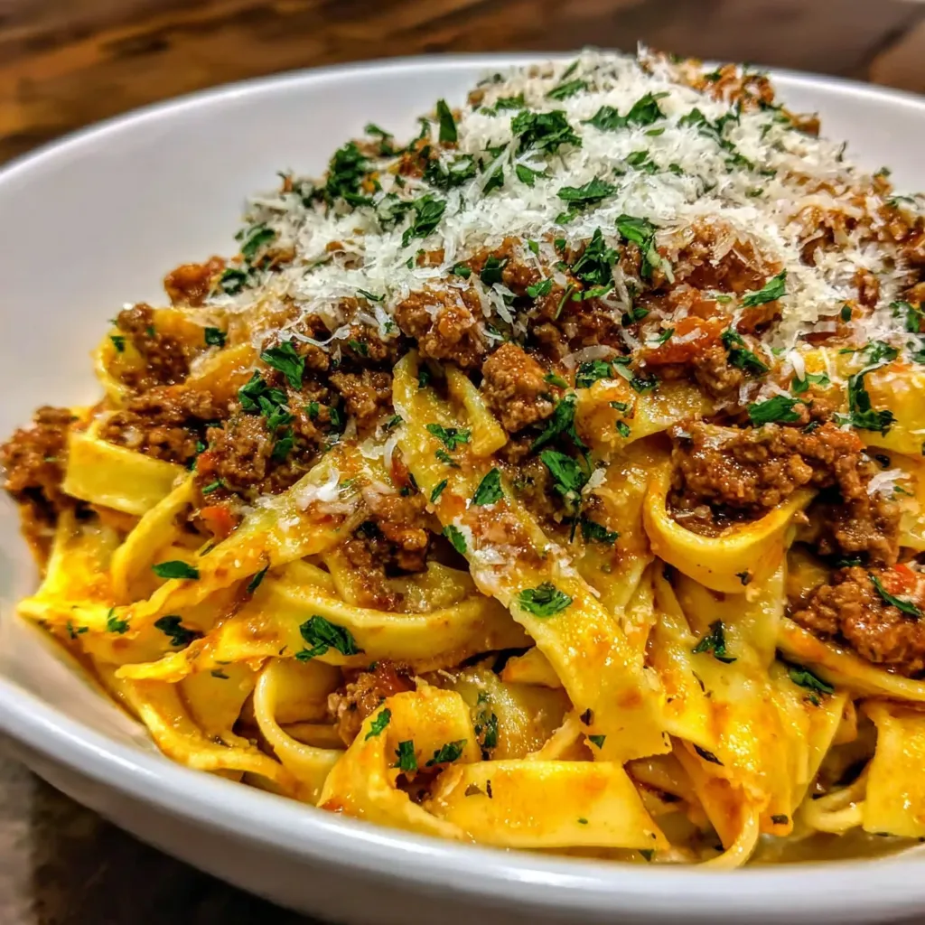A bowl of pasta with meat and cheese.