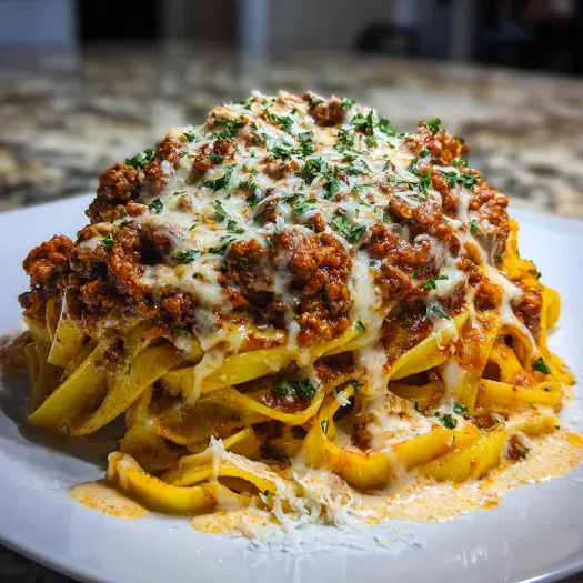 A plate of ground beef and fettuccine in spicy garlic provolone cream.