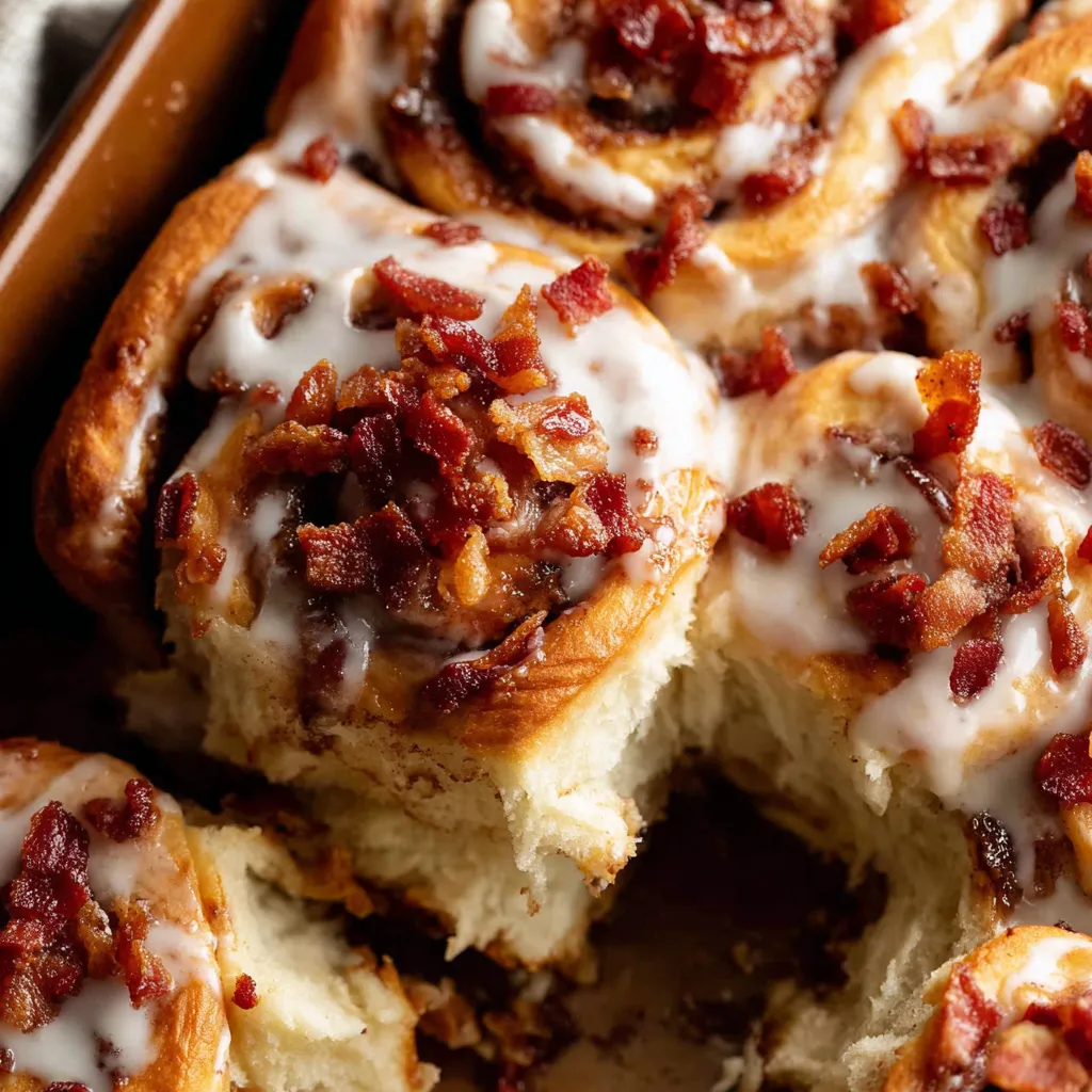 A plate of cinnamon rolls with bacon.