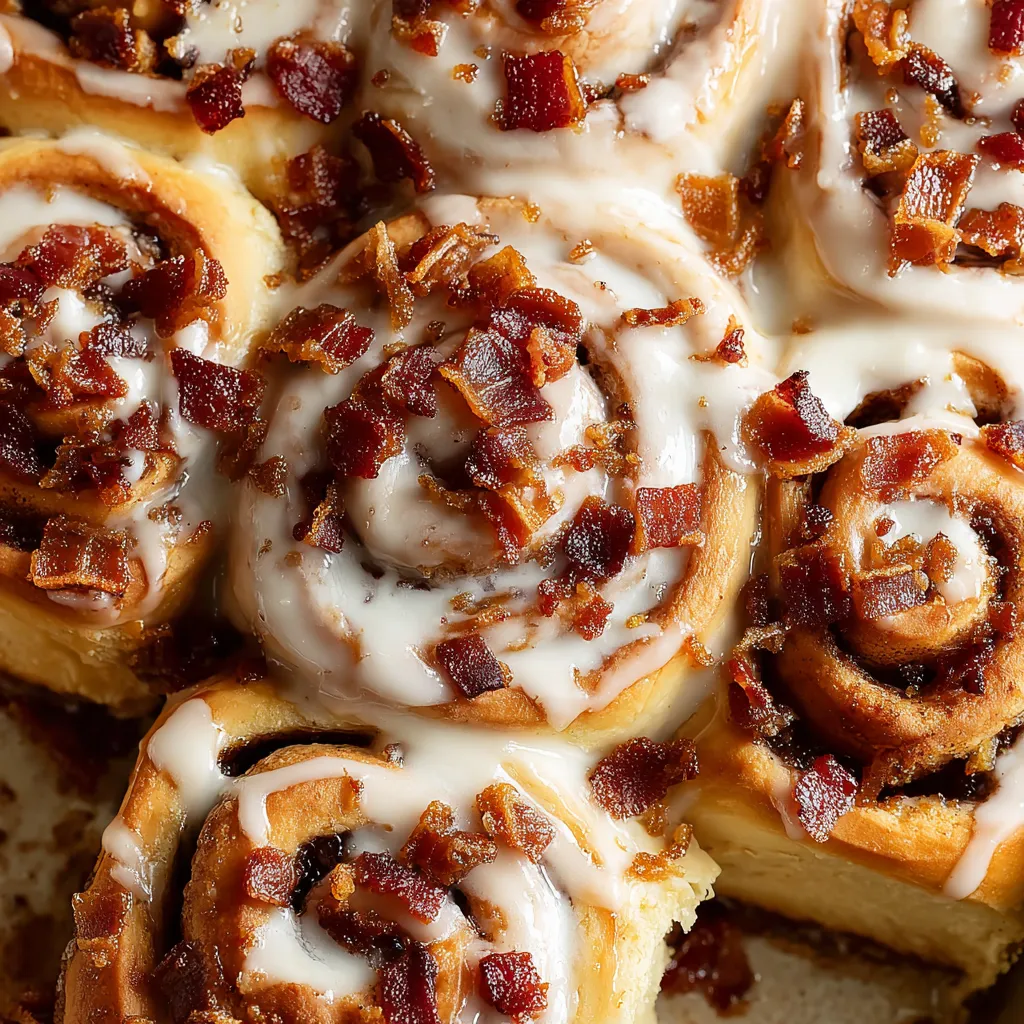 A plate of bourbon maple bacon cinnamon rolls.