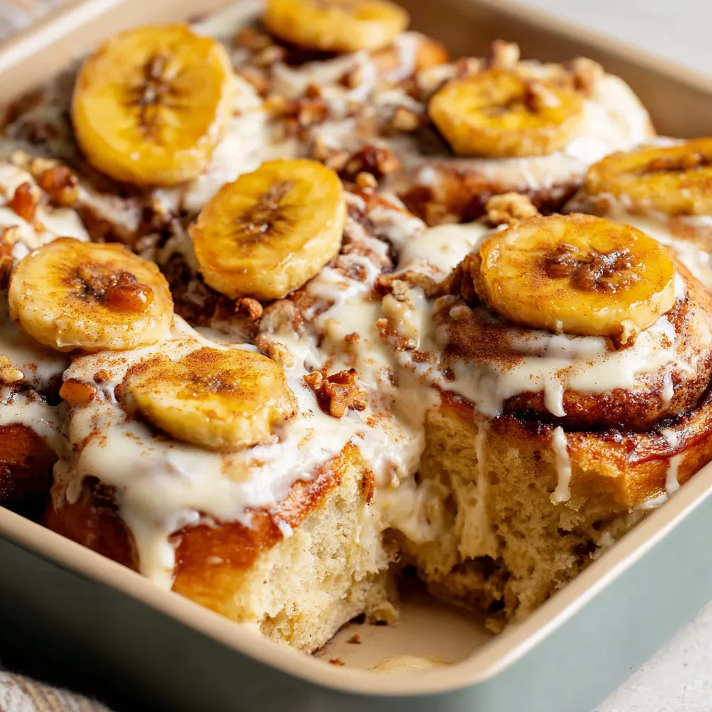 A pan of banana bread cinnamon rolls.
